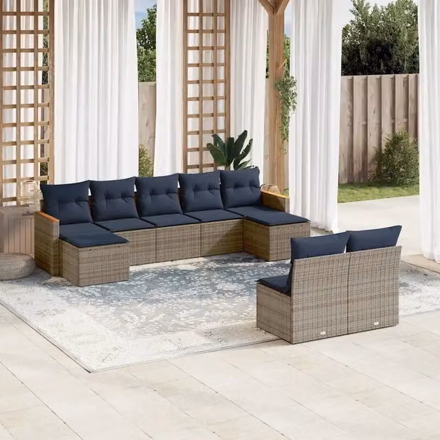 Set Divani da Giardino 9 pz con Cuscini Grigio in Polyrattan 3226376
