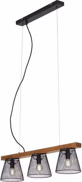 Lampadario a sospensione moderno Wood&Style Briloner in legno e metallo nero con paralume a cono, 3x E14, Ø 65 cm