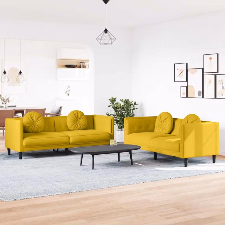 vidaXL Set di 2 Divani Moderni in Velluto Giallo con Cuscini e Struttura in Legno Massello