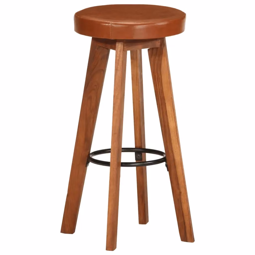 Set di 2 sgabelli da bar vidaXL in vera pelle marrone e legno massello di acacia in stile rustico – 2