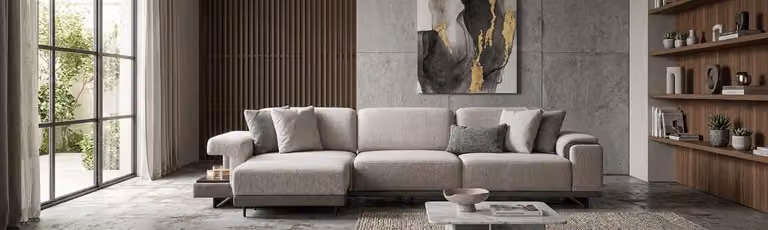 Divano modulare beige a 3 posti con poggiapiedi, dal design moderno