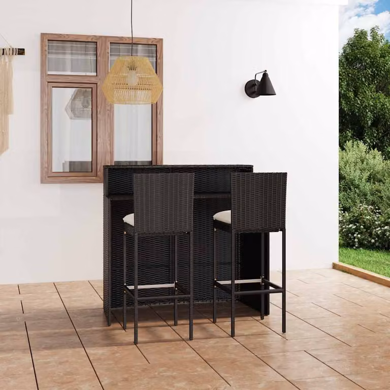 Set Bar da Giardino vidaXL in Polyrattan Nero con 3 Pezzi e Cuscini