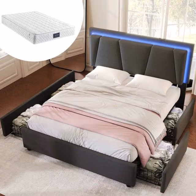 Letto matrimoniale 160x200 cm con LED, 4 cassetti e materasso