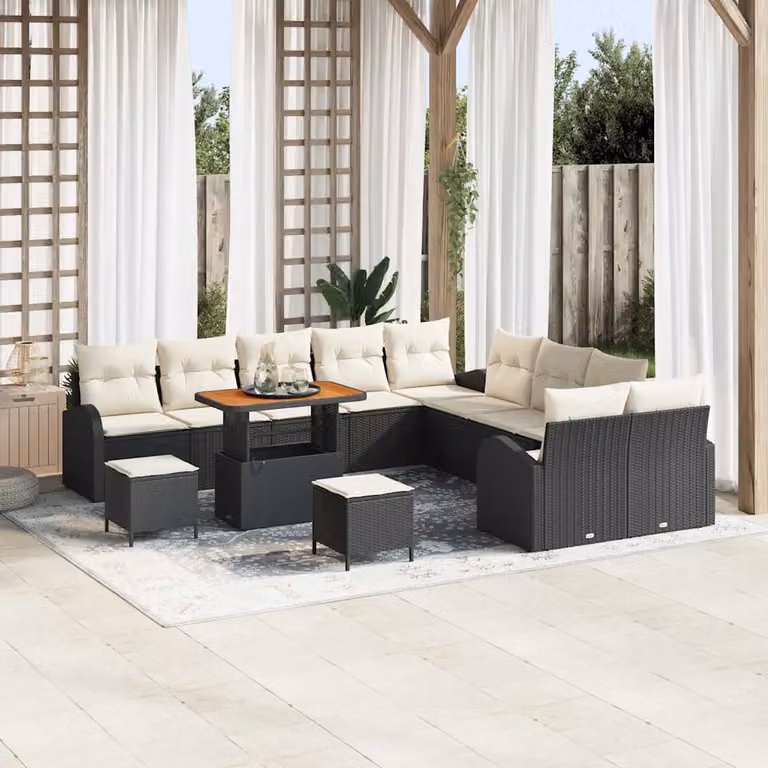 Set Divano da Giardino vidaXL 13 Pezzi con Cuscini Nero e Beige