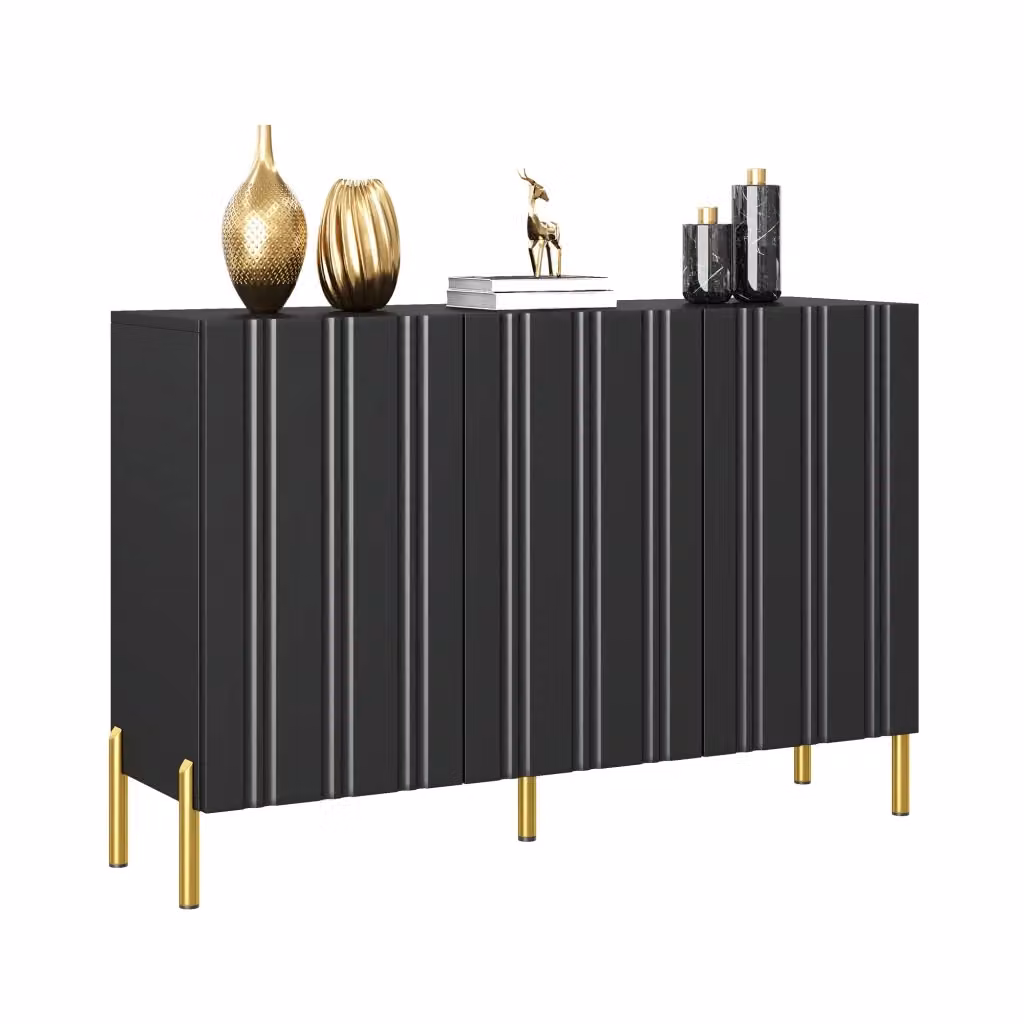 Credenza moderna con 3 ante e ripiani regolabili per ingresso o soggiorno, finitura nera opaca con dettagli oro, L/P/H: 120 x 35.5 x 80 cm – 2