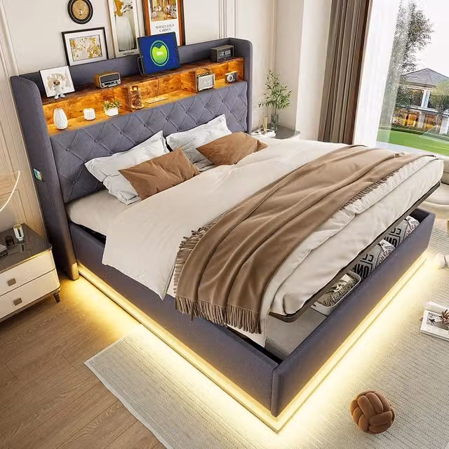 Letto matrimoniale-Xylo-180x200 cm-LED, USB, idraulico, lino, grigio