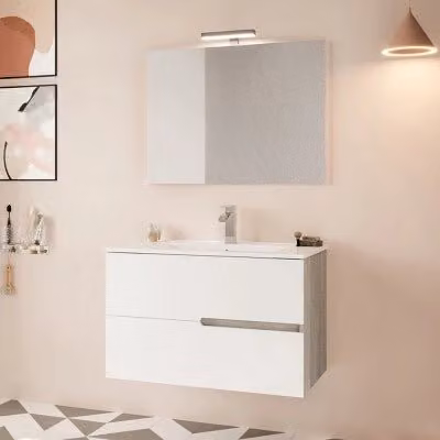 Mobile bagno sospeso Eva INBAGNO con lavabo e specchio LED, rovere grigio e bianco, L: 80 cm