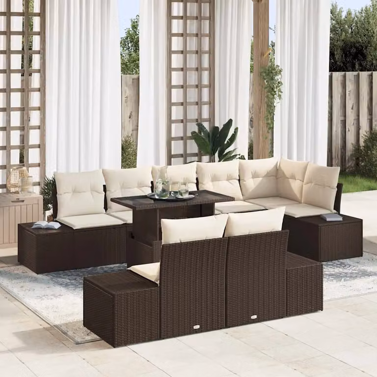 Set Divano da Giardino vidaXL 9 Pezzi a Forma di L Marrone con Tavolino e Cuscini in Polyrattan e Acciaio