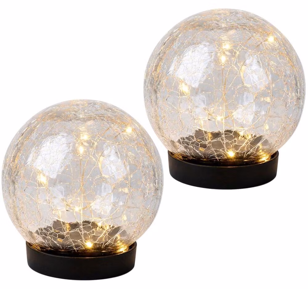 2 lampade solari a LED, a forma di sfera, con effetto vetro scheggiato, realizzate in vetro, grado di protezione IP44, con batteria integrata, diametro 12 cm
