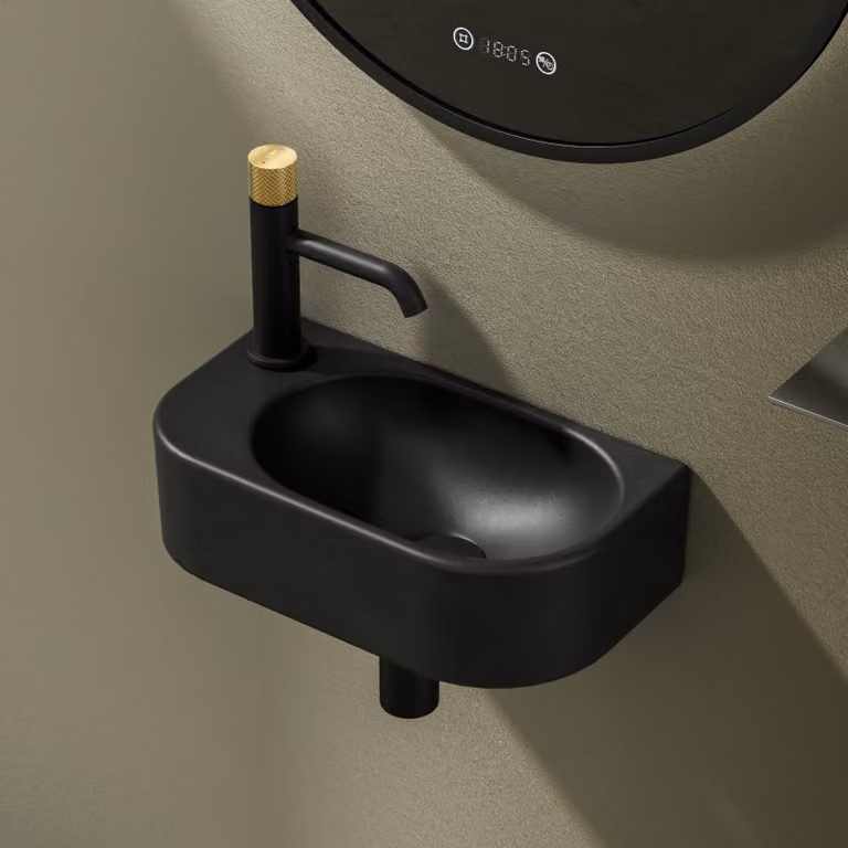 EMKE Lavabo angolare a parete - Lavabo rettangolare piccolo da appoggio in Vetroceramica 400 x 215 x 120 mm con foro per rubinetto a sinistra Nero