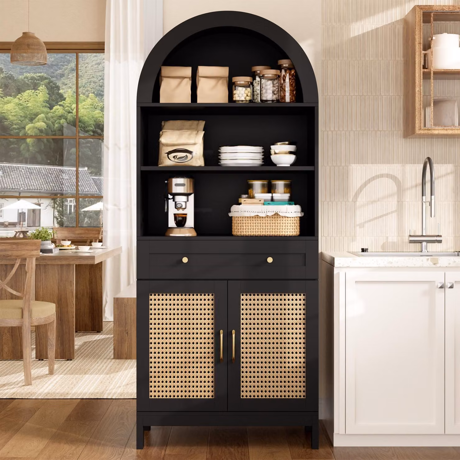 Mobiletto da cucina Merax con ante in rattan, mobiletto alto con vetrine, cassetto e spazio contenitivo, pensile per cucina, soggiorno o ingresso, colore nero