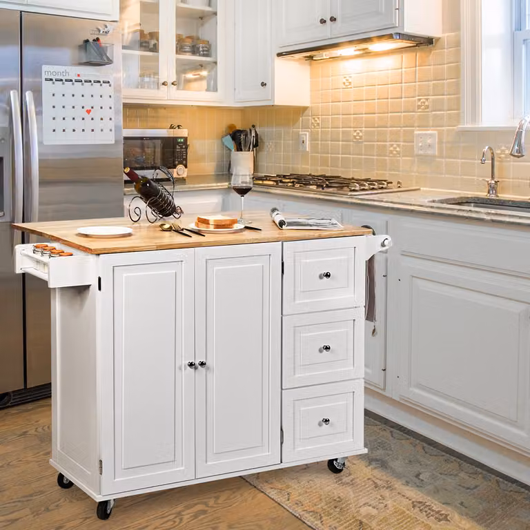 Isola da cucina con piano a ribalta e cassetti Costway, colore bianco opaco, stile moderno