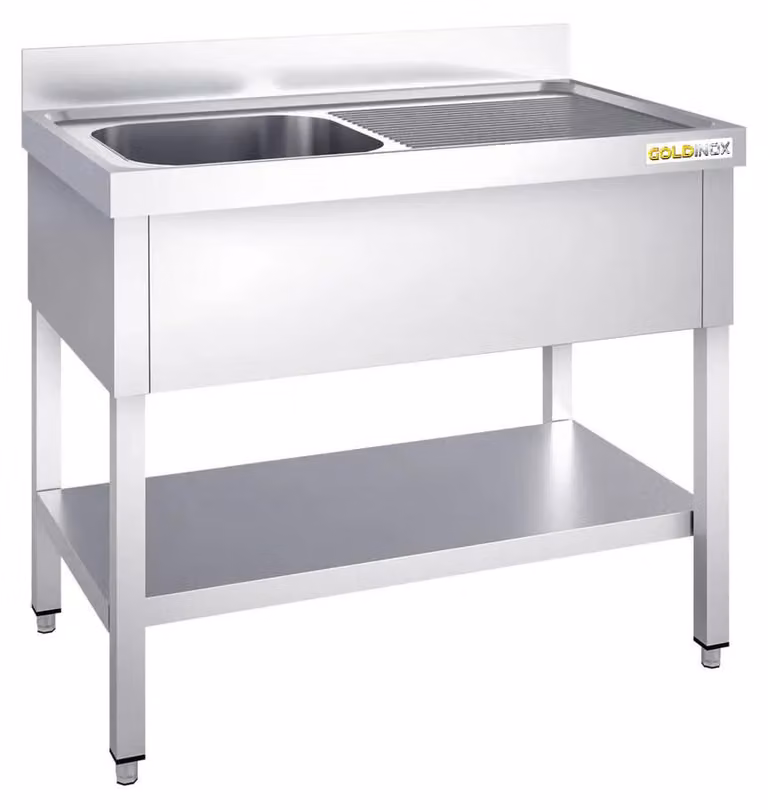 Lavello in acciaio inossidabile, dimensioni 1400x700 mm, con un vano a sinistra e un sistema di scolo a destra, modello PREMIUM della marca GOLDINOX