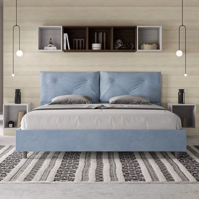 Letto matrimoniale king size Appia Large Ityhome imbottito in microfibra azzurro L/P: 190 x 190 cm