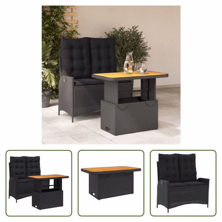 The Living Store Set da pranzo da giardino a 2 pezzi con cuscini in poly rattan nero