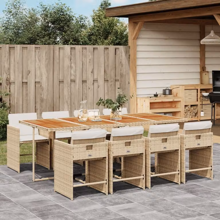 Set da pranzo da giardino vidaXL in polyrattan con tavolo in legno di acacia e 9 pezzi con cuscini beige