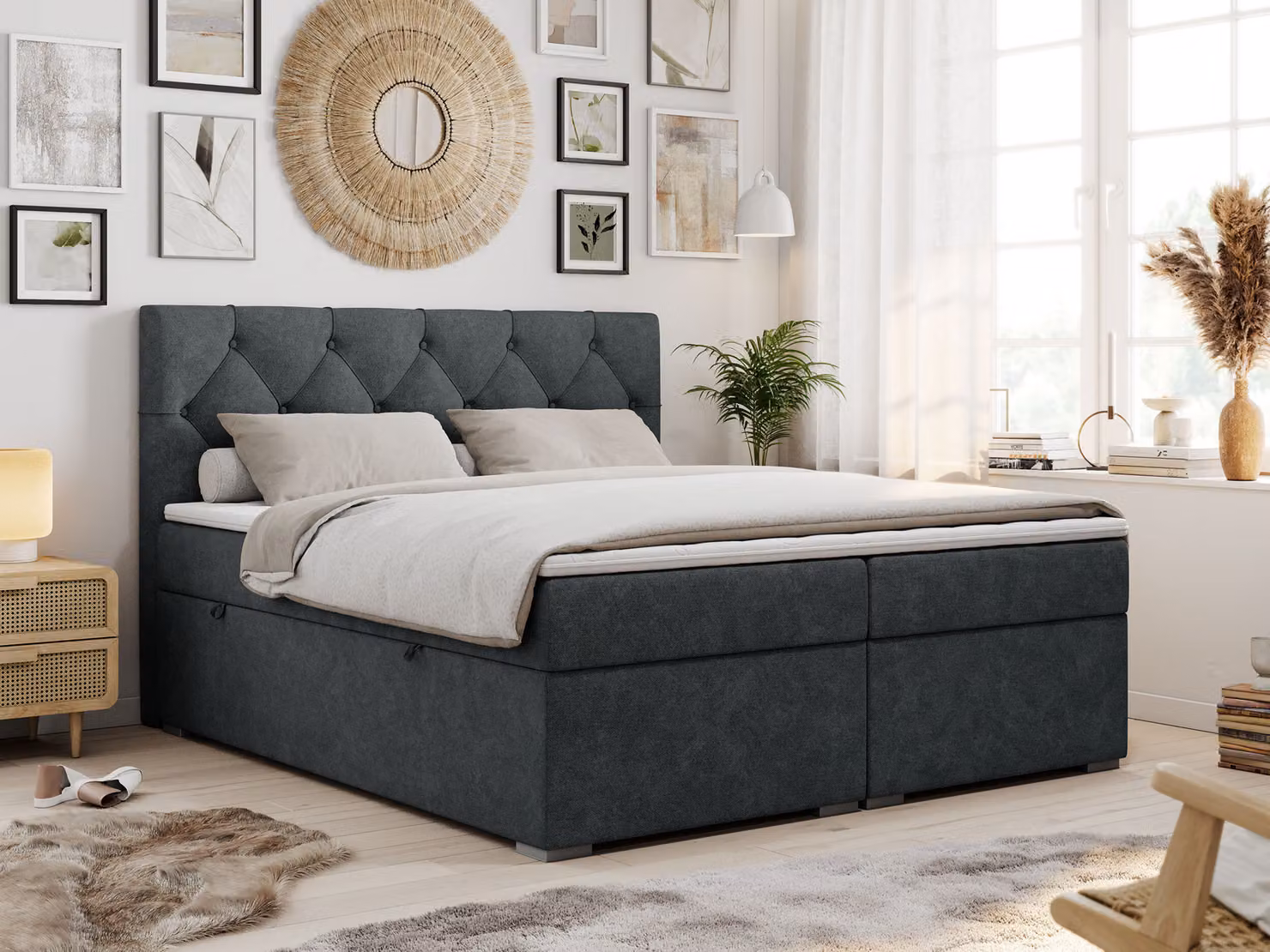 Boxspring con testiera trapuntata ALDA - 140x200 cm - Materasso multipocket H3 | Grigio Tessuto strutturato - Topper T25