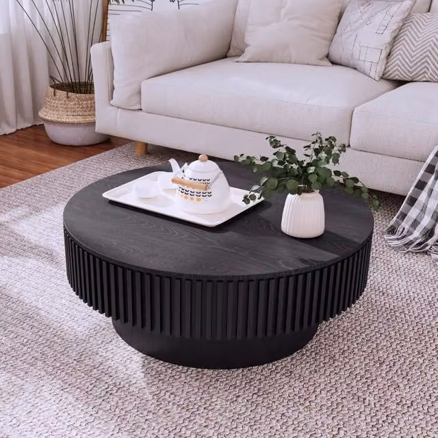 Tavolino basso fisso con vano nascosto e piano scanalato in legno e MDF nero 82 × 25 × 82 cm