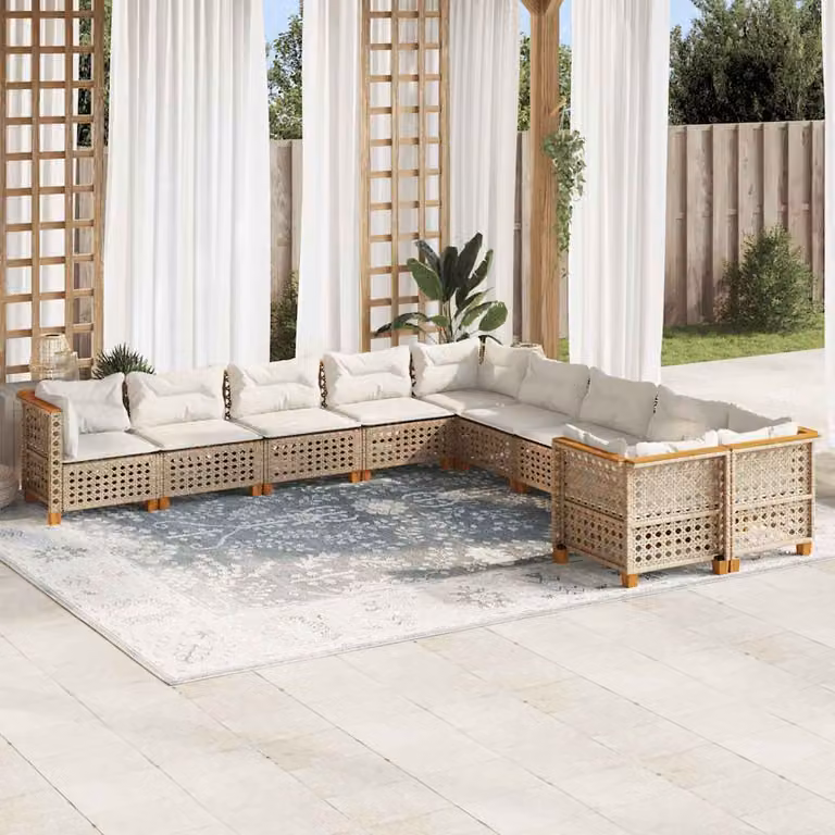 vidaXL Set Divano da Giardino 10 pz in Polyrattan con Cuscini Beige e Struttura in Legno di Acacia