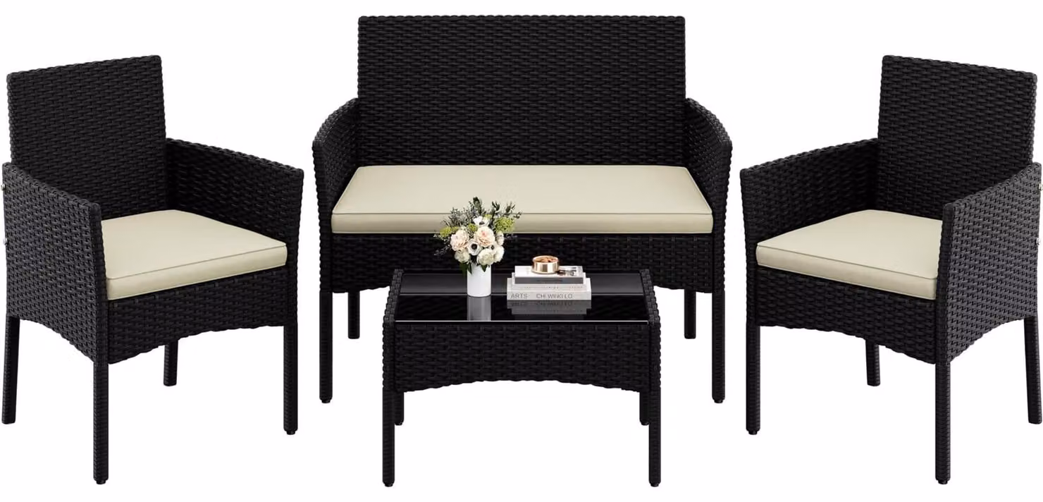 Set da giardino lounge - 4 pezzi - Polyrattan - Nero e beige - Per balcone e terrazza