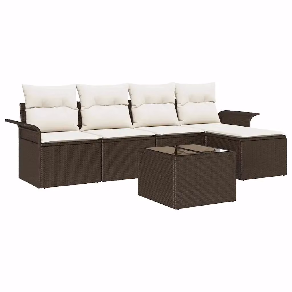 Set da giardino vidaXL composto da 6 pezzi in polyrattan marrone con divano angolare, pouf e cuscini inclusi – 2