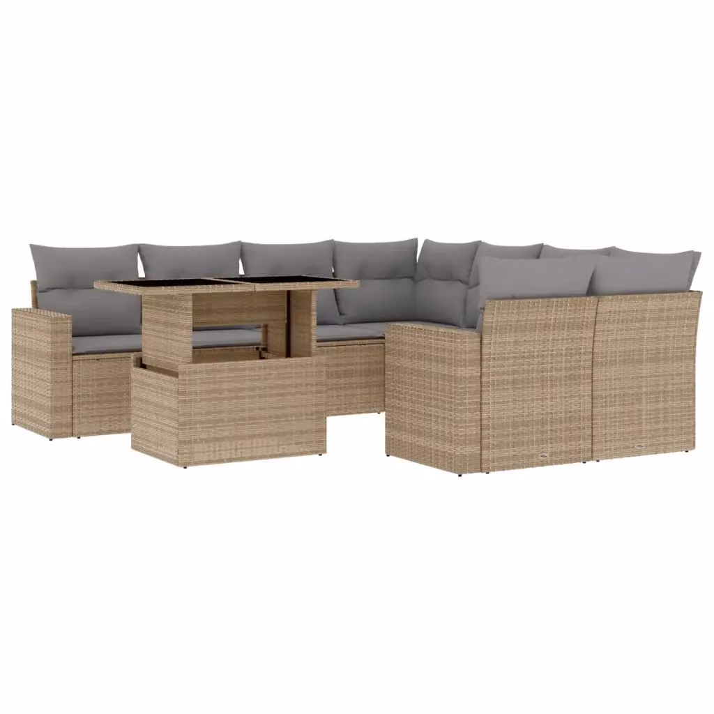 vidaXL Set Divano da Giardino 9 pz in Polyrattan Beige con Cuscini e Tavolino – 2
