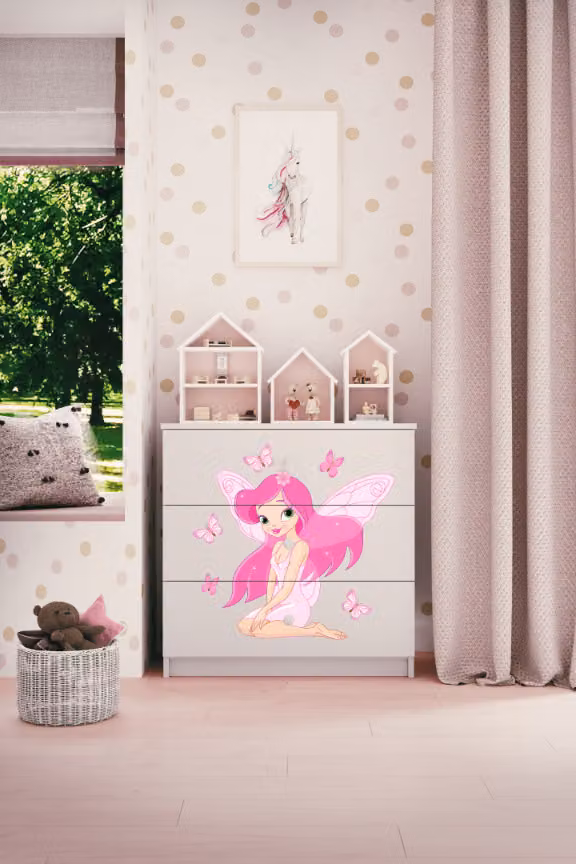 Cassettiera per bambini elfo con farfalle nel colore bianco Babydreams