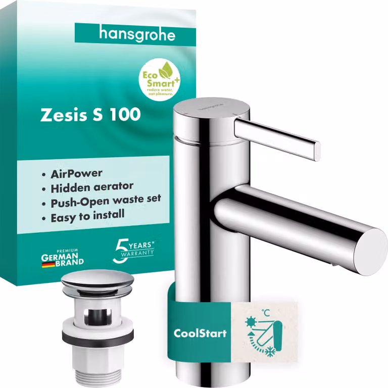 Rubinetto per lavabo Zesis S, 104 mm, tecnologia CoolStart, sistema EcoSmart+, finitura cromata
