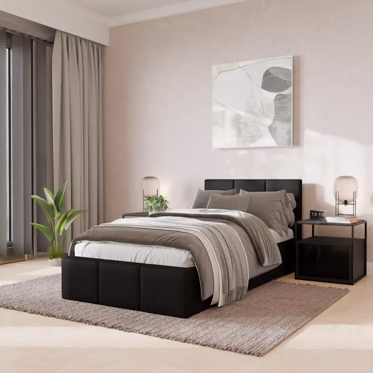 Muralo Letto imbottito per camera da letto Letto imbottito con rete e molla a gas Letto con testiera imbottita Letto singolo 90x200 Letto con contenitore Grafite