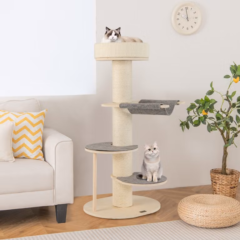 Albero per gatti Costway in legno multi-livello con tiragraffi in sisal sostituibile, Grigio e Beige, Altezza: 120 cm