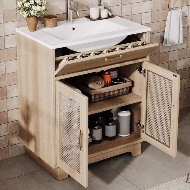 Mobile sottolavabo con lavabo in ceramica 2 ante ammortizzate e vano a ribalta per bagno naturale 76 × 46 × 88 cm