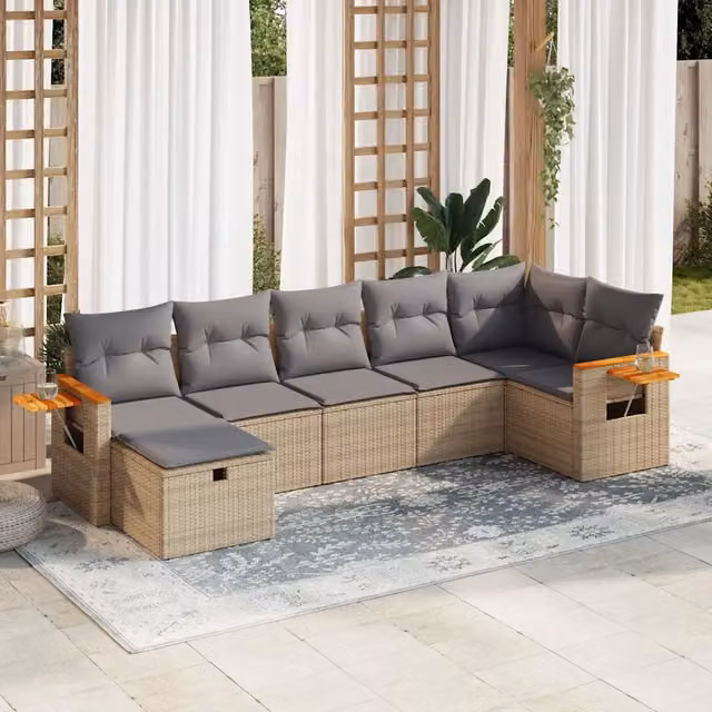 Set Divani da Giardino 7 pz con Cuscini Beige in Polyrattan 3325986