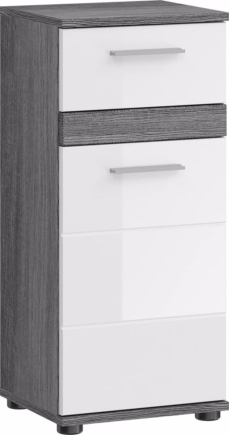 Comodino Rootz Blake - Mobile da bagno - Mobile contenitore - Bianco lucido - Replica argento fumé - 35 cm x 79 cm x 31 cm