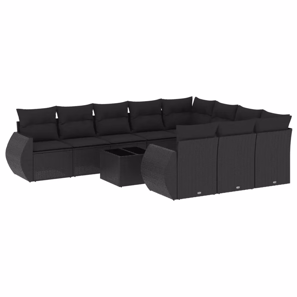 vidaXL Set Divani da Giardino 11 pz a Forma a U in Polyrattan Nero con Cuscini e Tavolino da Esterno – 2