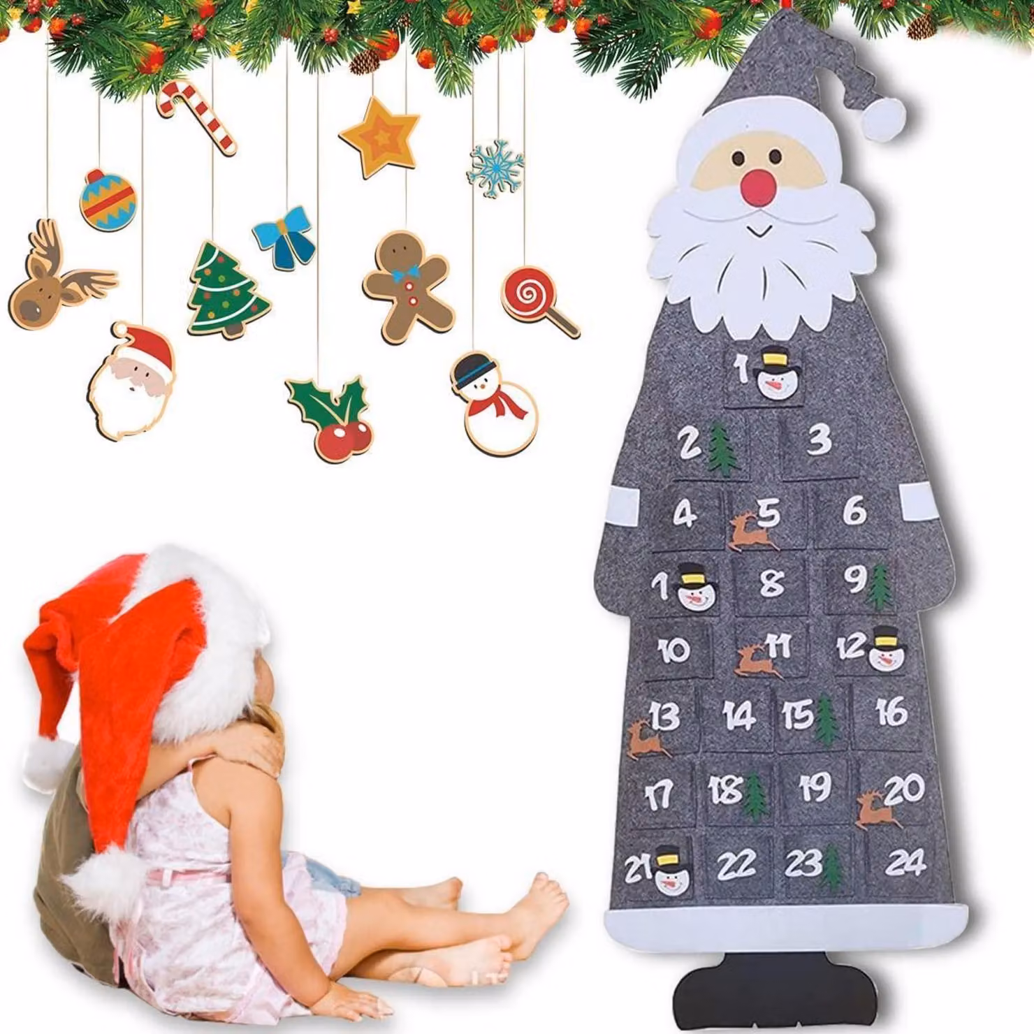 Calendario dell'Avvento in feltro a forma di Babbo Natale, da riempire, con 24 giorni di conto alla rovescia, colore grigio, dimensioni 115x44 cm