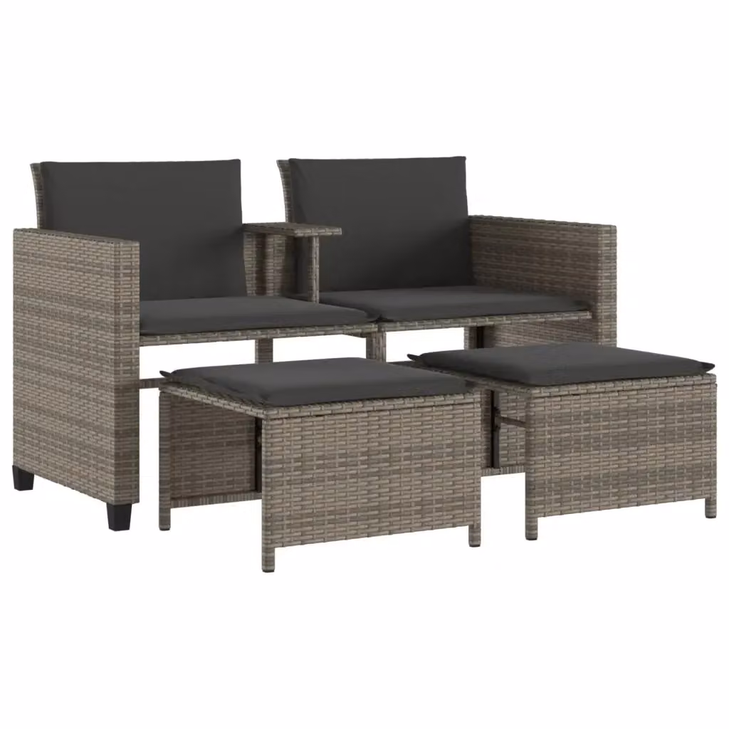 Set da giardino moderno vidaXL composto da divano 2 posti, tavolino da caffè e pouf in rattan grigio con cuscini imbottiti e struttura in acciaio verniciato a polvere – 2