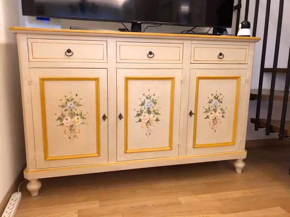 Madia credenza con 3 porte e decori floreali in stile vintage color avorio patinato Mobili 2G L/P/H: 150 x 43 x 98 cm – 2