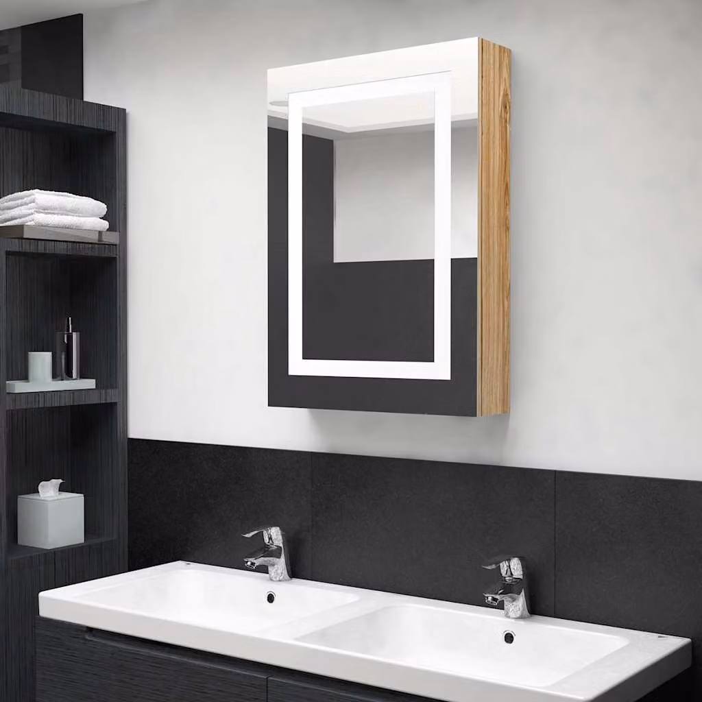 Armadietto da bagno con specchio e illuminazione LED vidaXL in rovere marrone, L: 50 cm, P: 13 cm, H: 70 cm – 1