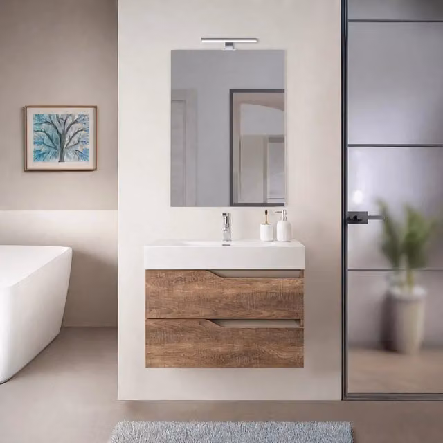 Mobile bagno sospeso 60cm tabacco e tortora con lavabo in resina Sumya
