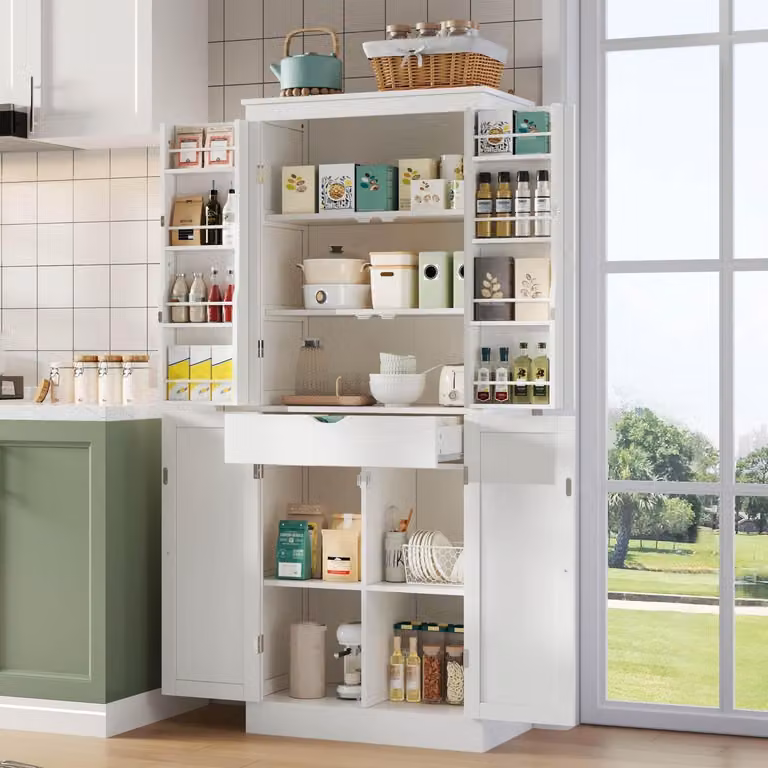 Mobiletto da cucina, armadio alto, credenza con ante a ripiano, vani portaoggetti e cassetto, dimensioni 182x40x75 cm, colore bianco