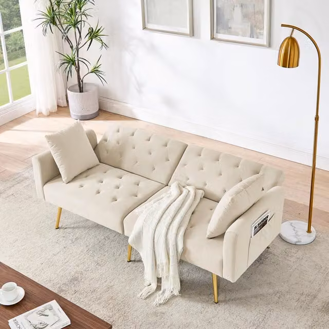 Divano a 2 posti con schienale regolabile a 3 posizioni, 2 cuscini, gambe in metallo, velluto, beige