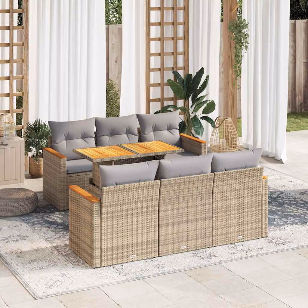 Set Divani da Giardino vidaXL 7 pz in Polyrattan e Legno di Acacia Oliato con Cuscini Beige e Grigio