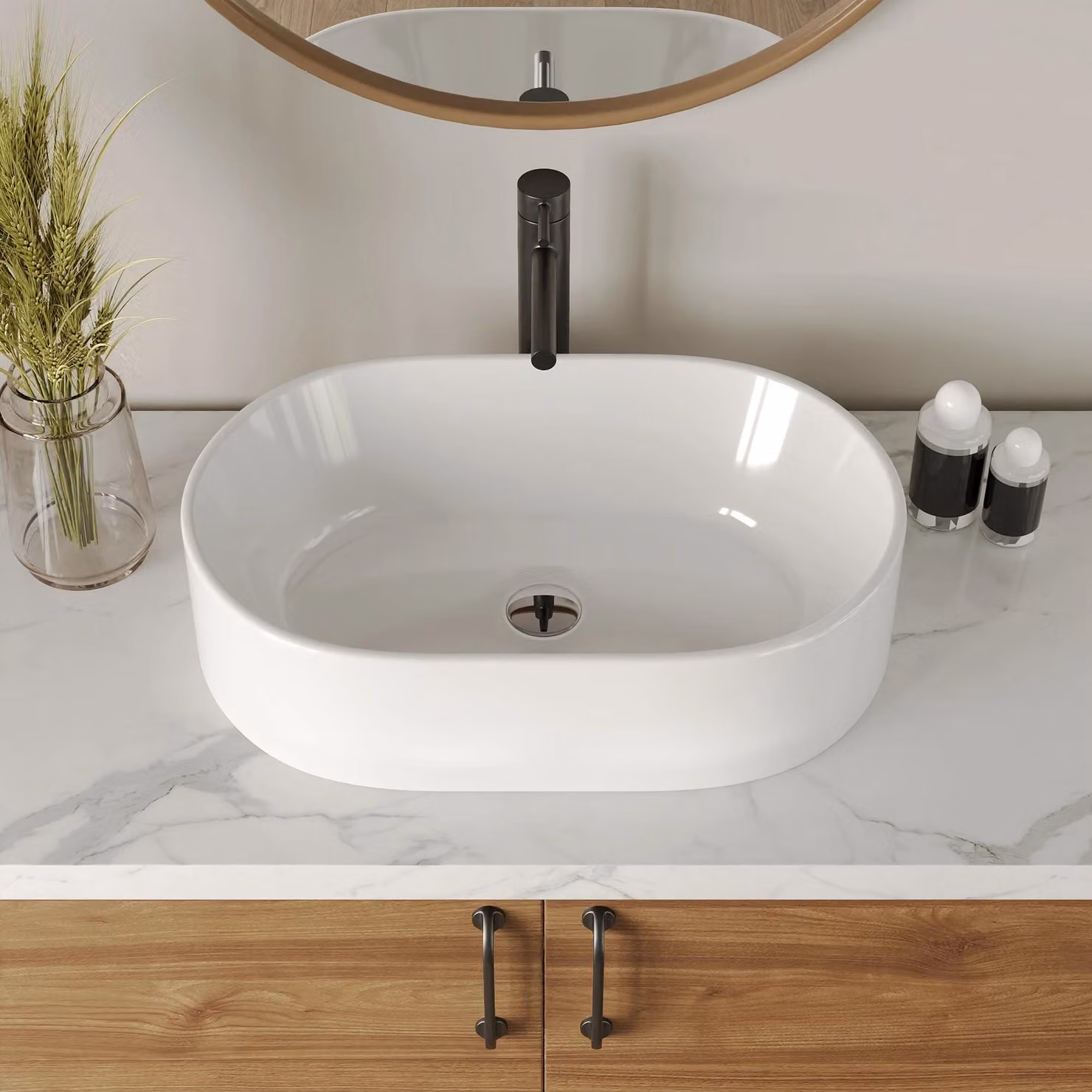 Lavabo ovale - Modello DV-EU1V0431W. Lavabo da appoggio in Vetroceramica. Dimensioni: 55,5 x 35,7 x 14 cm. Capacità: 9 litri. Senza troppofilo. Senza foro per rubinetto. Finitura lucida