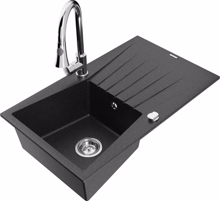 Mexen Cesar lavello in granito a 1 vasca con gocciolatoio e rubinetto da cucina Elia, nero/argento metallizzato
