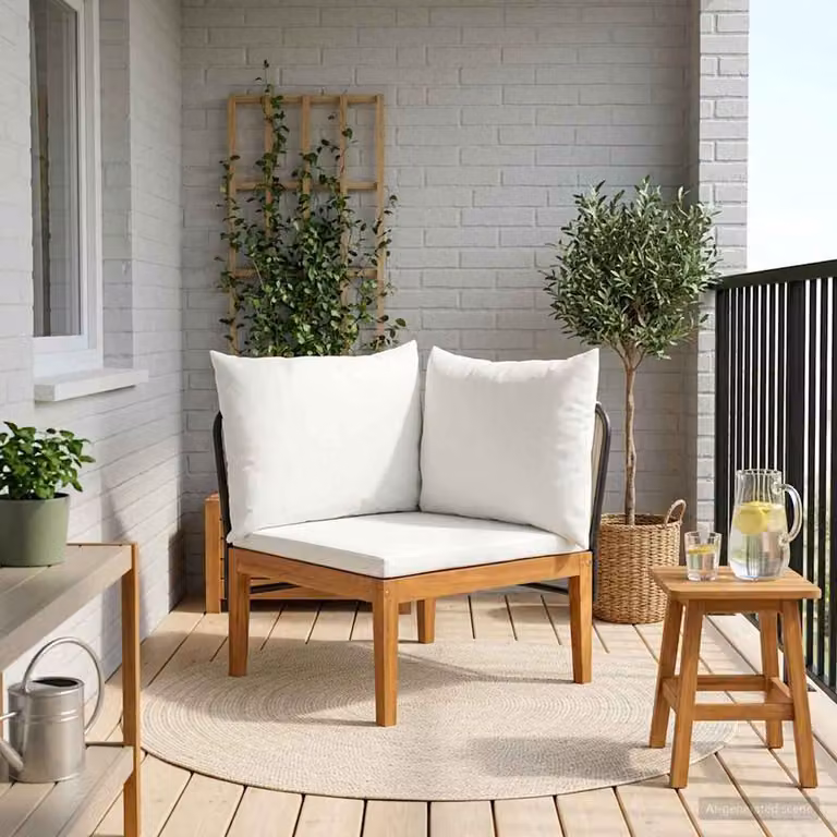 vidaXL Divano angolare da giardino moderno in legno di acacia con cuscini beige, bianco e marrone