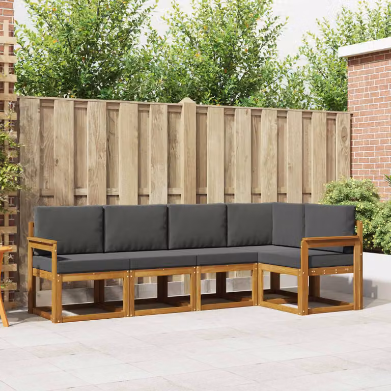 Set di divani da esterno vidaXL a forma di L composto da 5 pezzi in legno di acacia con cuscini, colori beige e antracite