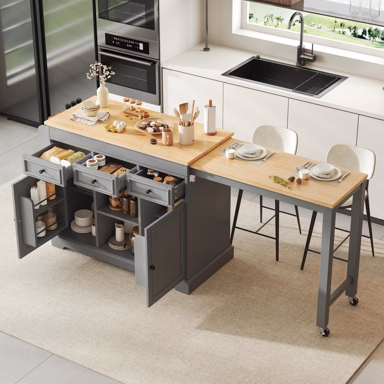 Tavolino bar allungabile con piano di lavoro e ruote, isola da cucina con spazio contenitivo, colore grigio, dimensioni 188x45x92 cm