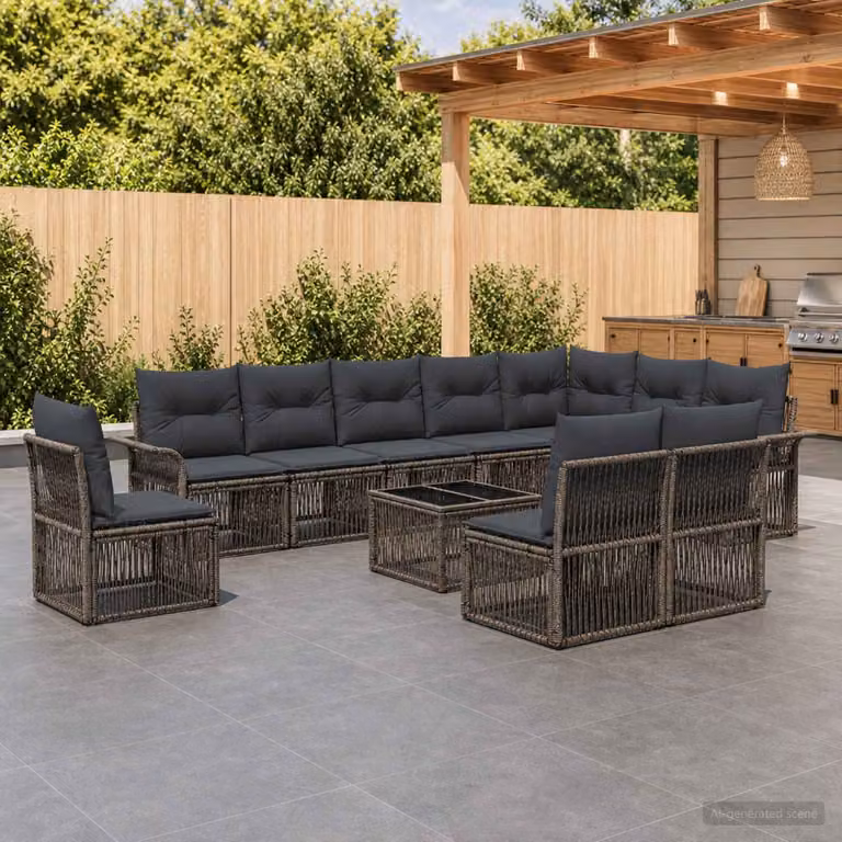 Set Divano da Giardino vidaXL 11 Pezzi in Polyrattan Grigio con Cuscini e Tavolino