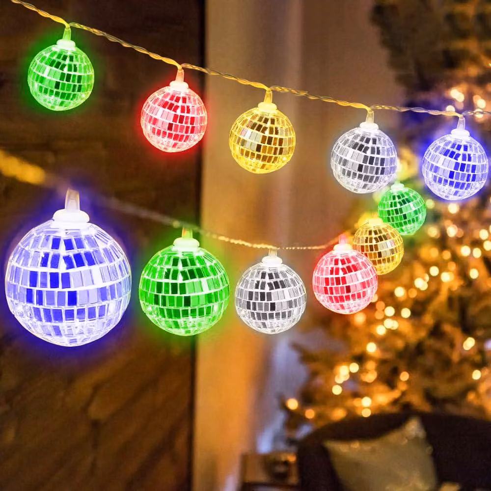 Catena luminosa a sfera disco, 10 LED, 150 cm, argento, alimentata a batteria
