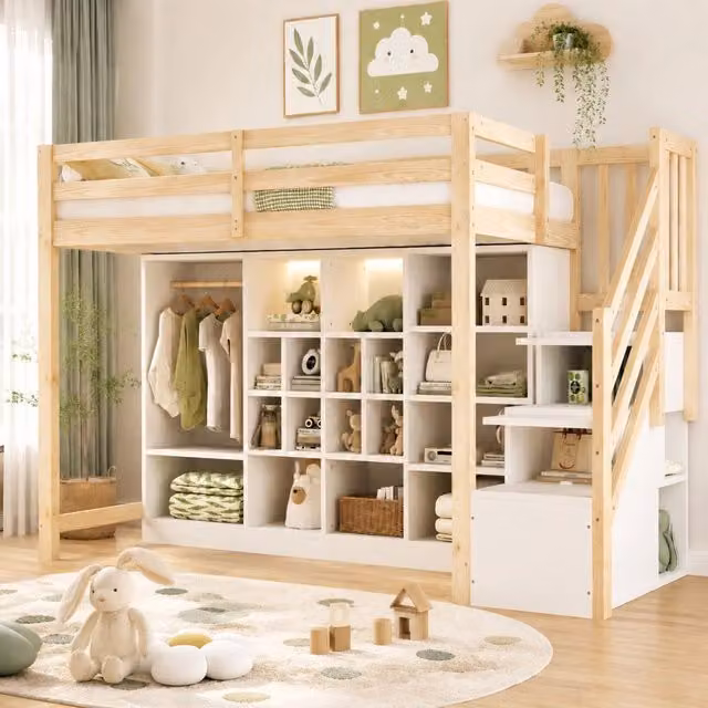 Letto a soppalco in legno 90x200 cm con armadio semplice, ripiani multifunzione e illuminazione LED, scala laterale integrata, bianco e colore legno